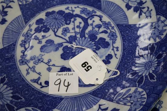 Five 18th century Delft dishes and a Japanese blue and white dish